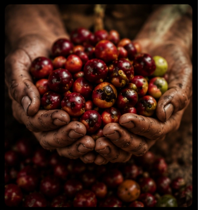 Granos de café en manos sostenidas en las manos